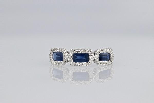 RINGS - 14K White Gold 1.31cttw 3-Stone Emerald Cut Blue Sapphire Halo Diamond Band