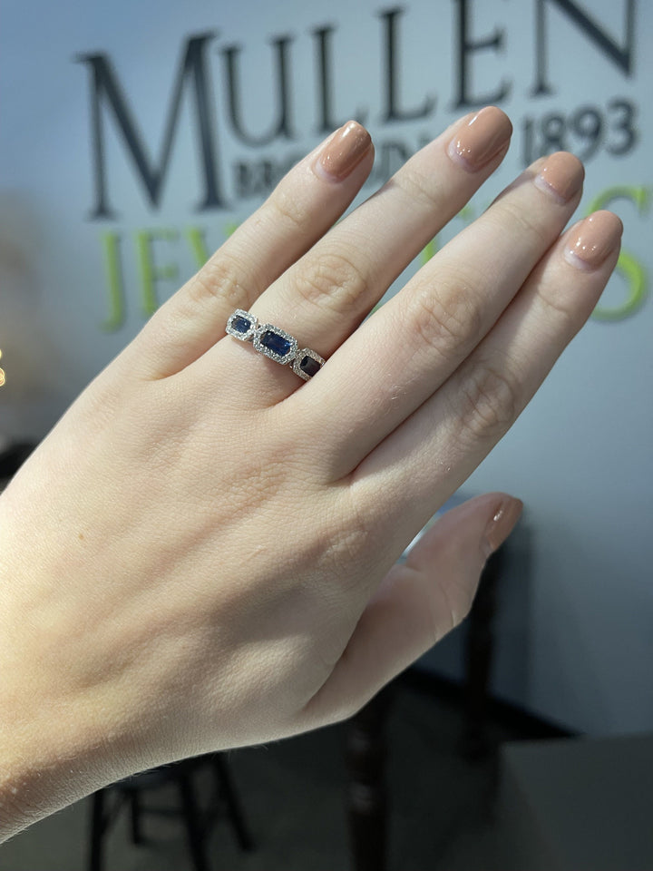 RINGS - 14K White Gold 1.31cttw 3-Stone Emerald Cut Blue Sapphire Halo Diamond Band