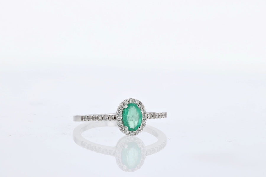 RINGS - 14K White Gold .20cttw Diamond Halo And Oval Emerald Ring