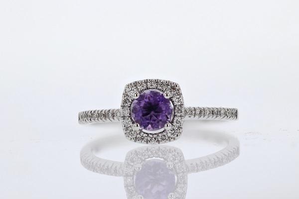 RINGS - 14K White Gold 5mm Round Amethyst And Diamond Halo Ring