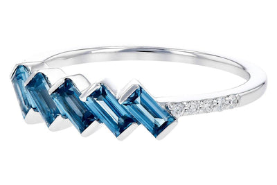 RINGS - 14K White Gold .75cttw London Blue Topaz Alternating Baguettes With .07cttw Diamond Ring