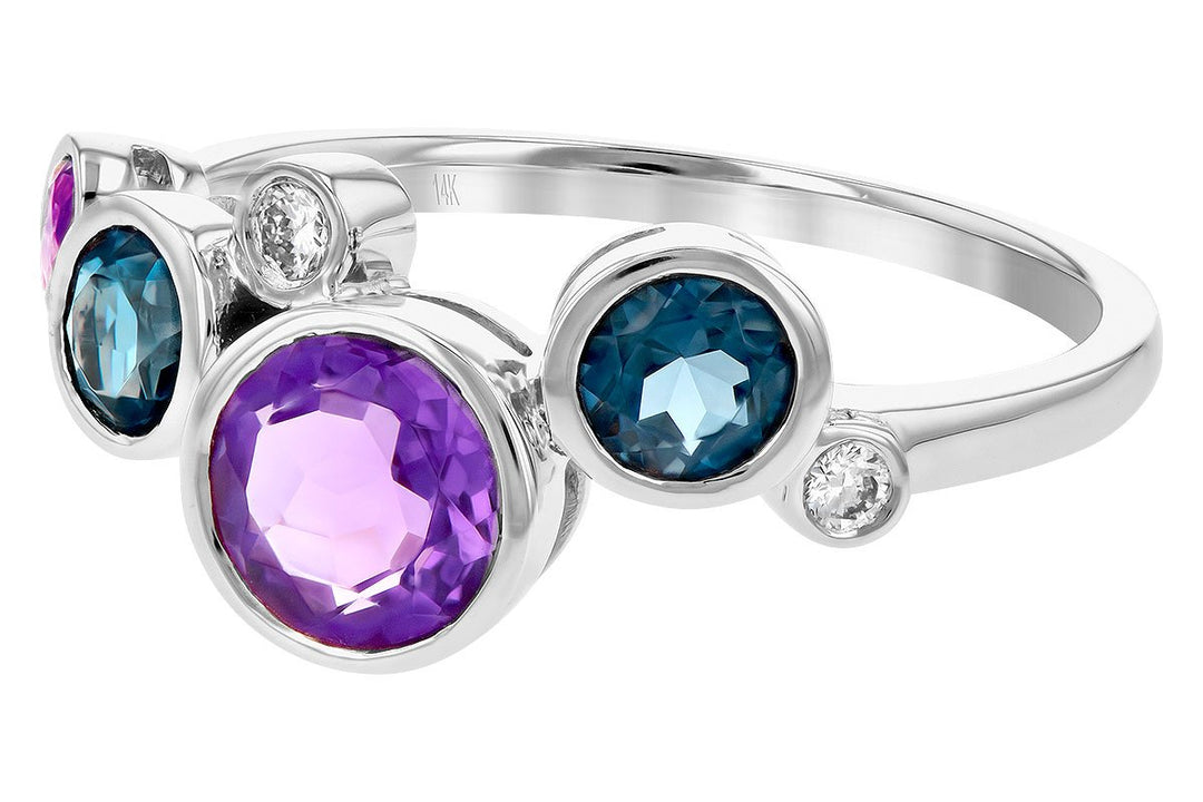 14K White Gold Blue Topaz, Amethyst And Diamond Bubble Ring