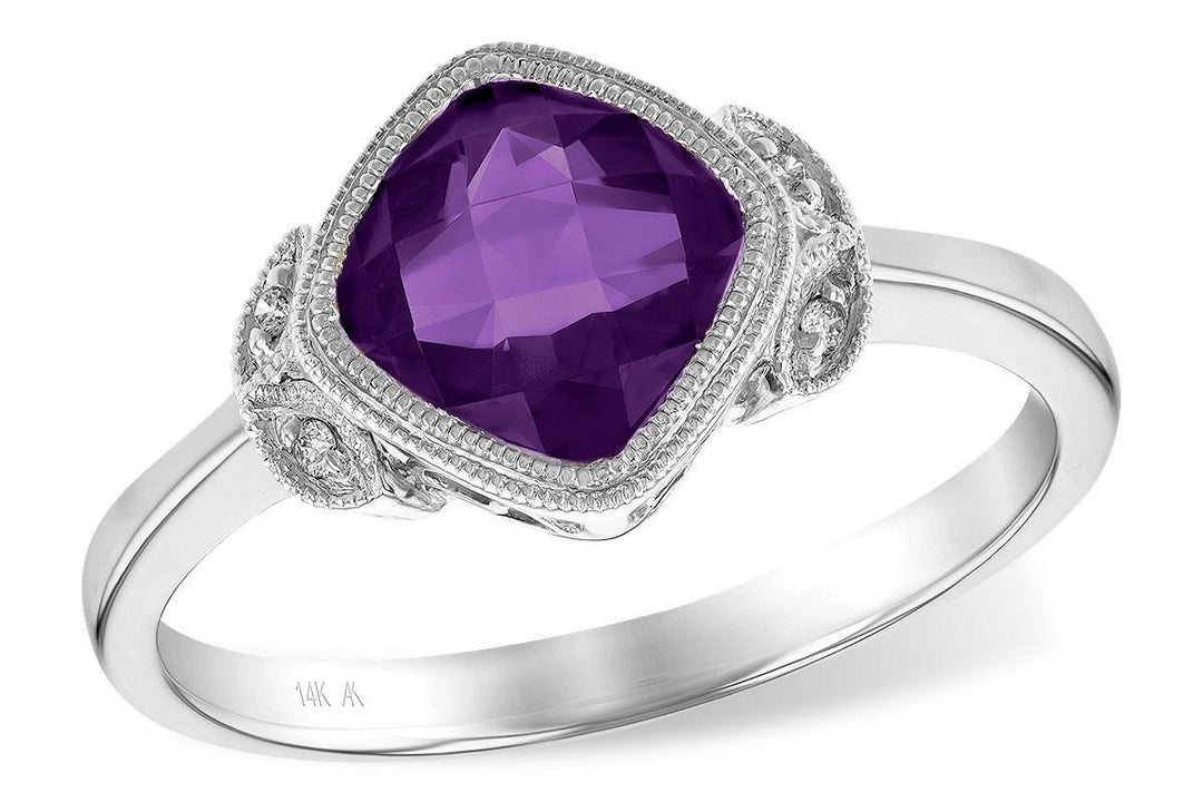 RINGS - 14K White Gold Cushion Cut Amethyst And Diamond Ring