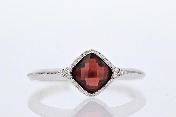 RINGS - 14K White Gold Cushion Cut Garnet Center Stone & .04cttw Diamond Accent Ring