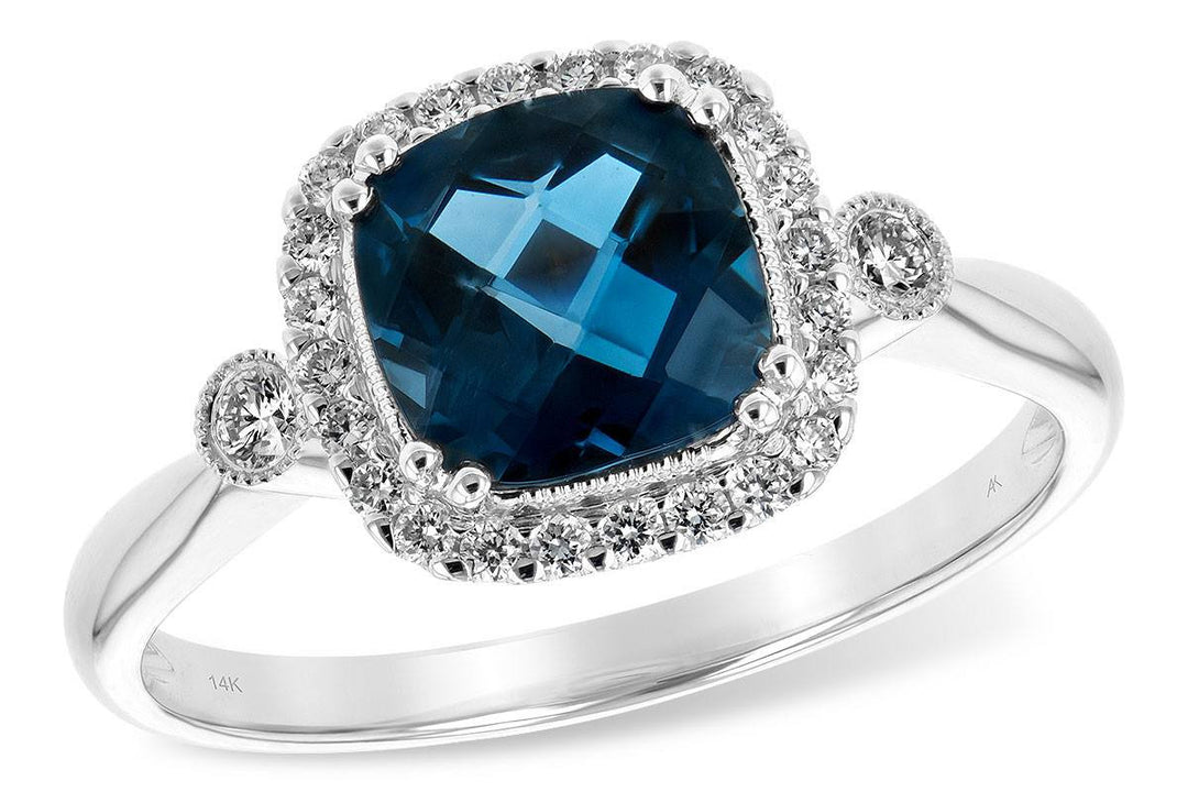 RINGS - 14K White Gold Cushion Cut London Blue Topaz And Diamond Halo Ring