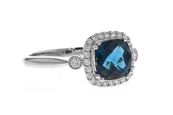 RINGS - 14K White Gold Cushion Cut London Blue Topaz And Diamond Halo Ring