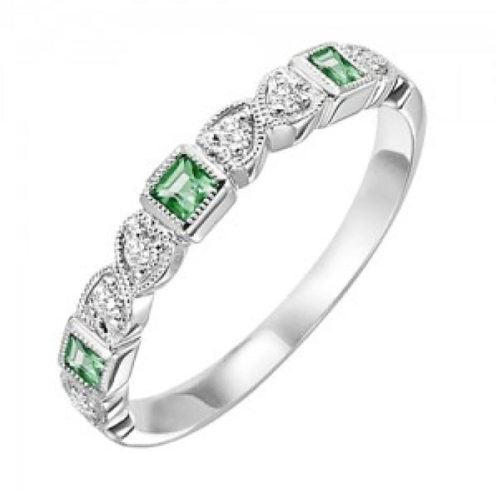 RINGS - 14K White Gold Diamond And Square Emerald Birthstone Ring