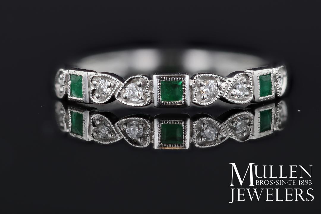 RINGS - 14K White Gold Diamond And Square Emerald Birthstone Ring