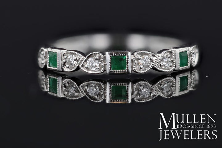 RINGS - 14K White Gold Diamond And Square Emerald Birthstone Ring