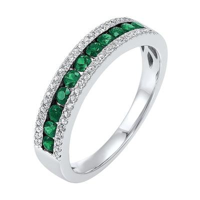 RINGS - 14K White Gold Emerald And Diamond 3-Row Channel Band