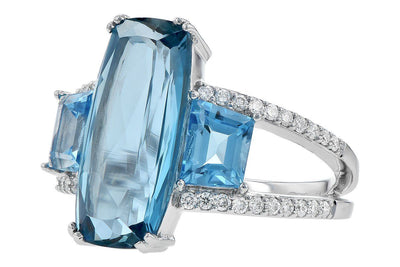 RINGS - 14K White Gold Multi-Color 3-Stone Blue Topaz And Diamond Statement Ring
