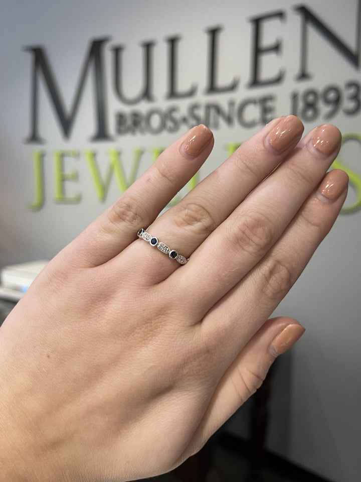 RINGS - 14K White Gold Round Sapphire And Diamond Stackable Ring.