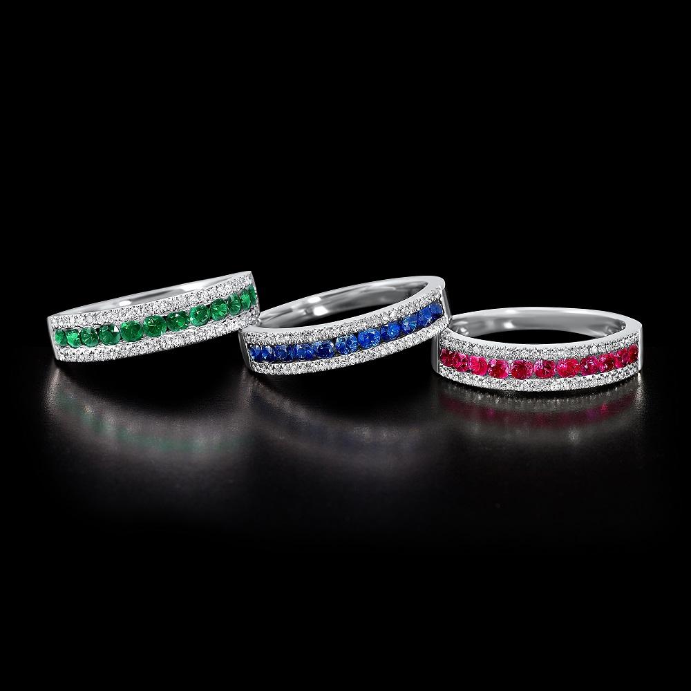 RINGS - 14K White Gold Sapphire And Diamond 3-Row Band