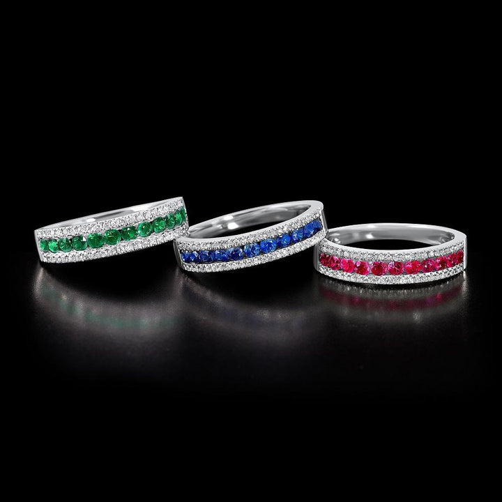 RINGS - 14K White Gold Sapphire And Diamond 3-Row Band