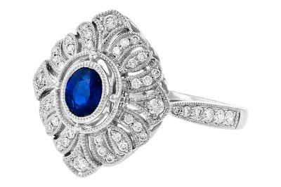 Filigree Blue Sapphire And Diamond Ring 14K White Gold