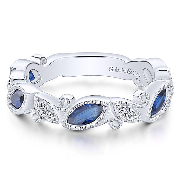 RINGS - 14K White Gold Vintage Marquise Shaped Diamond And Sapphire Stackable Ring