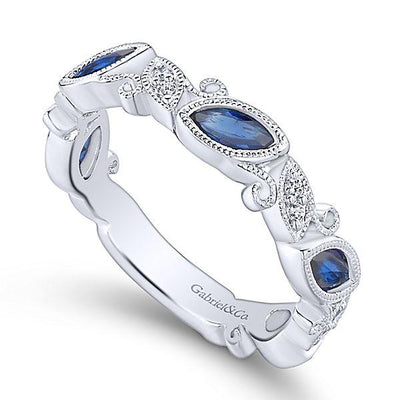 RINGS - 14K White Gold Vintage Marquise Shaped Diamond And Sapphire Stackable Ring