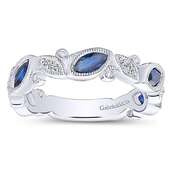 RINGS - 14K White Gold Vintage Marquise Shaped Diamond And Sapphire Stackable Ring