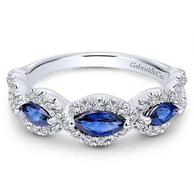 RINGS - 14K White Gold Vintage Marquise Shaped Halo Diamond And Sapphire Stackable Ring