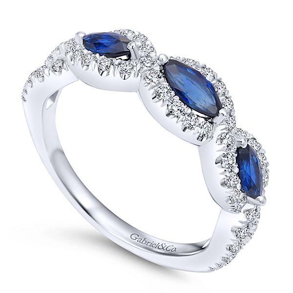 RINGS - 14K White Gold Vintage Marquise Shaped Halo Diamond And Sapphire Stackable Ring