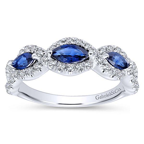 RINGS - 14K White Gold Vintage Marquise Shaped Halo Diamond And Sapphire Stackable Ring