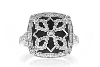Filigree Onyx Diamond Ring 14K White Gold | Mullen Jewelers