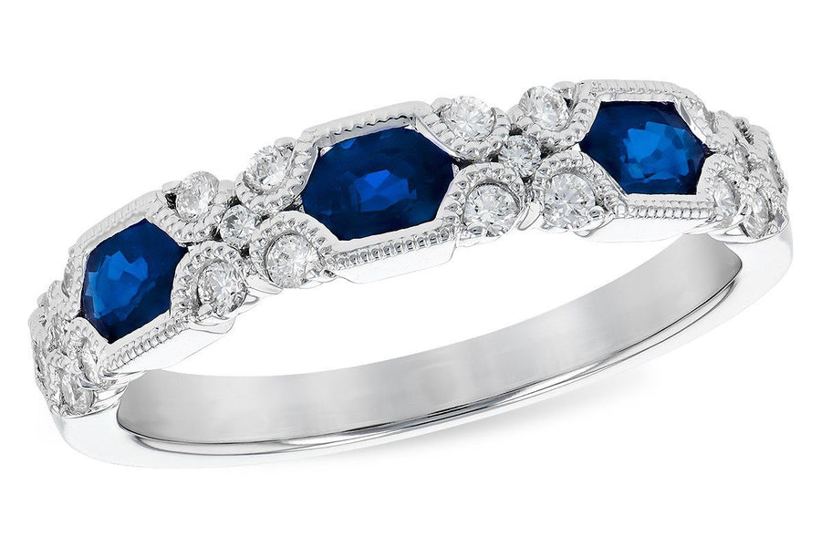 RINGS - 14K White Gold Vintage Style Sapphire And Diamond Band