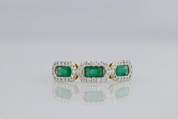 RINGS - 14K Yellow Gold 1.16cttw 3-Stone Emerald Cut Emerald Halo Diamond Band