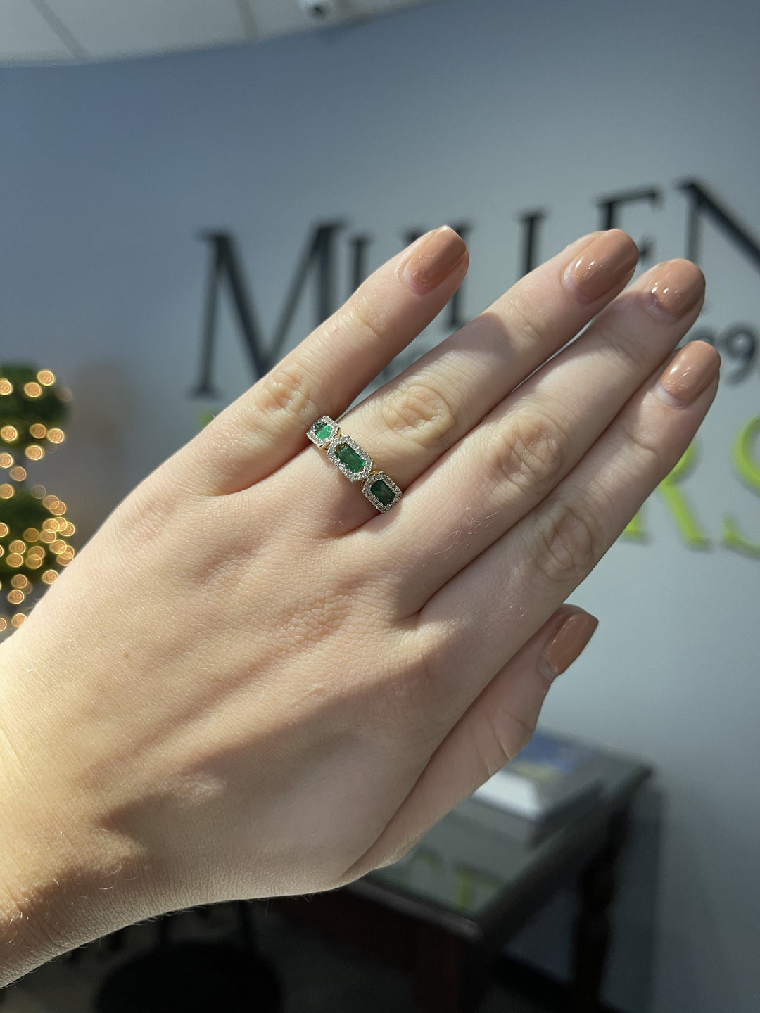 RINGS - 14K Yellow Gold 1.16cttw 3-Stone Emerald Cut Emerald Halo Diamond Band