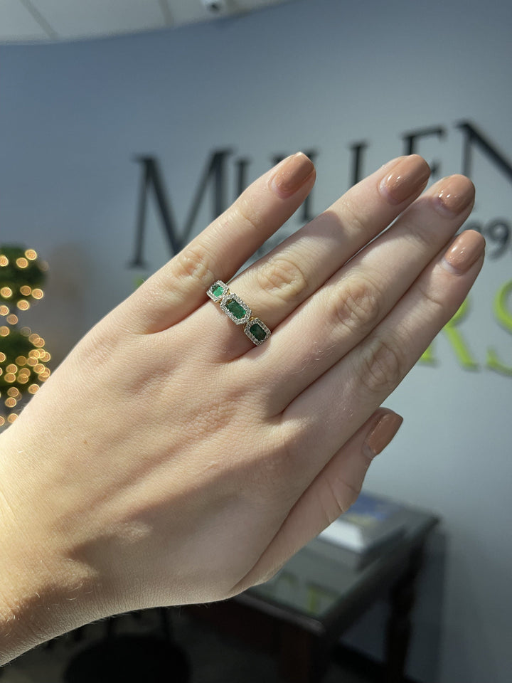 RINGS - 14K Yellow Gold 1.16cttw 3-Stone Emerald Cut Emerald Halo Diamond Band