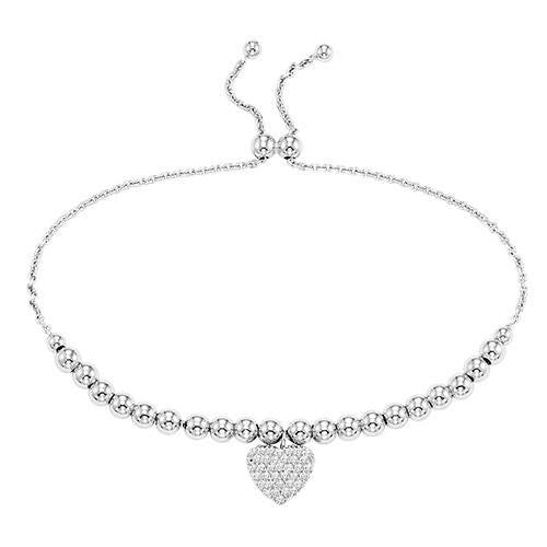 Sterling Silver Ball BOLO Bracelet with Crystal Pave Heart Pendant