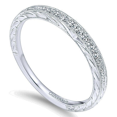 WEDDING - 14K White Gold 1/10cttw Bead Set Diamond Wedding Band With Engraved Band