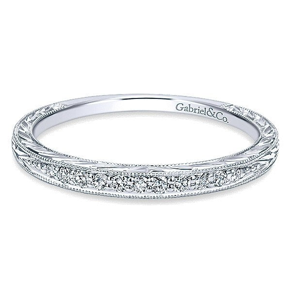 WEDDING - 14K White Gold 1/10cttw Bead Set Diamond Wedding Band With Engraved Band