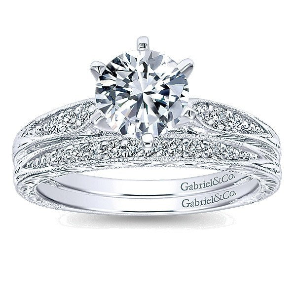 WEDDING - 14K White Gold 1/10cttw Bead Set Diamond Wedding Band With Engraved Band
