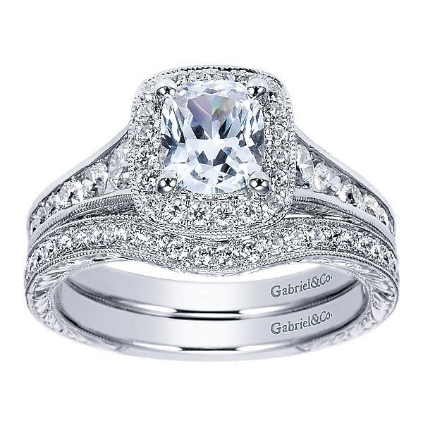 WEDDING - 14K White Gold 1/5cttw Bead Set Contoured Diamond Wedding Ring With Engraved Band