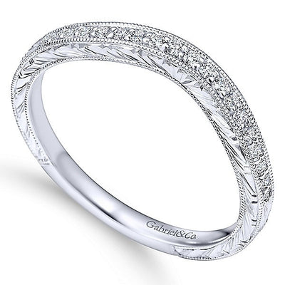 WEDDING - 14K White Gold .13cttw Bead Set Contoured Diamond Wedding Band With Engraved Shank