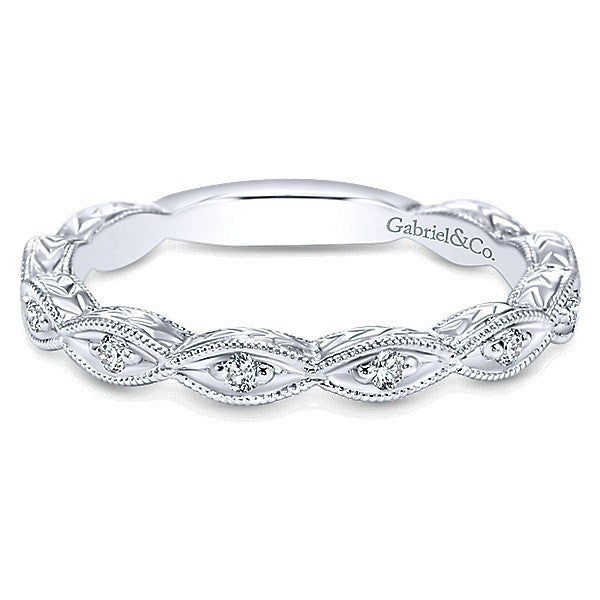 WEDDING - 14k White Gold .13cttw Marquise Shaped Station Diamond Wedding Band With Engraved Shank