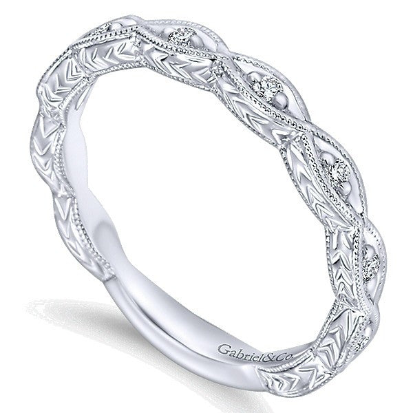 WEDDING - 14k White Gold .13cttw Marquise Shaped Station Diamond Wedding Band With Engraved Shank