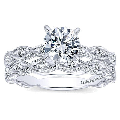 WEDDING - 14k White Gold .13cttw Marquise Shaped Station Diamond Wedding Band With Engraved Shank