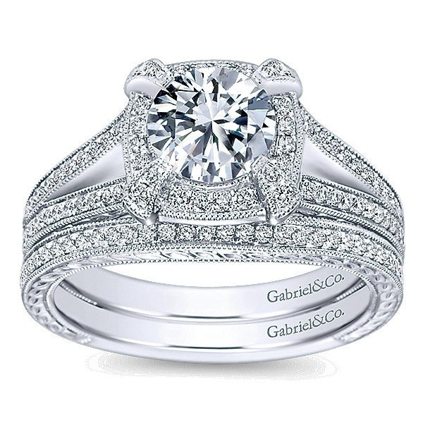 WEDDING - 14K White Gold .14cttw Bead Set Contoured Diamond Wedding Band With Engraved Shank
