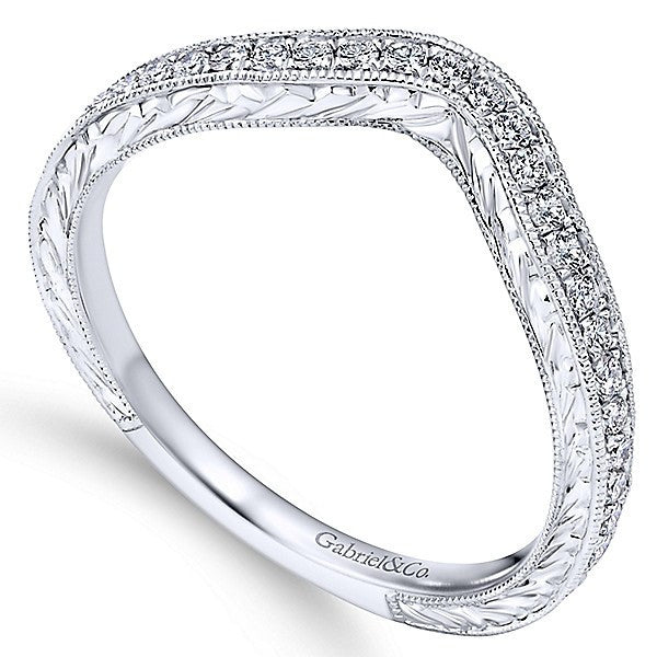 WEDDING - 14K White Gold .20cttw Bead Set Contoured Diamond Wedding Band With Engraved Shank