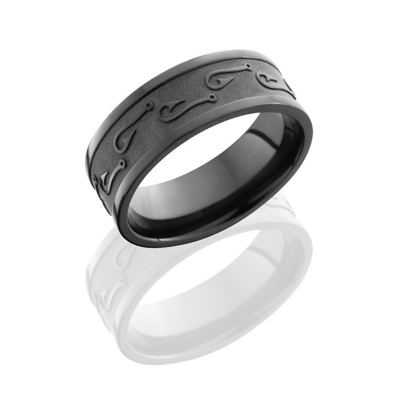 WEDDING - Black Zirconium 8mm Wide Fish Hook Design Wedding Band