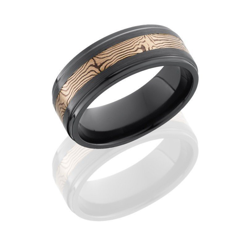 WEDDING - Black Zirconium 8mm Wide Rose Gold Mokume Gane Wedding Band