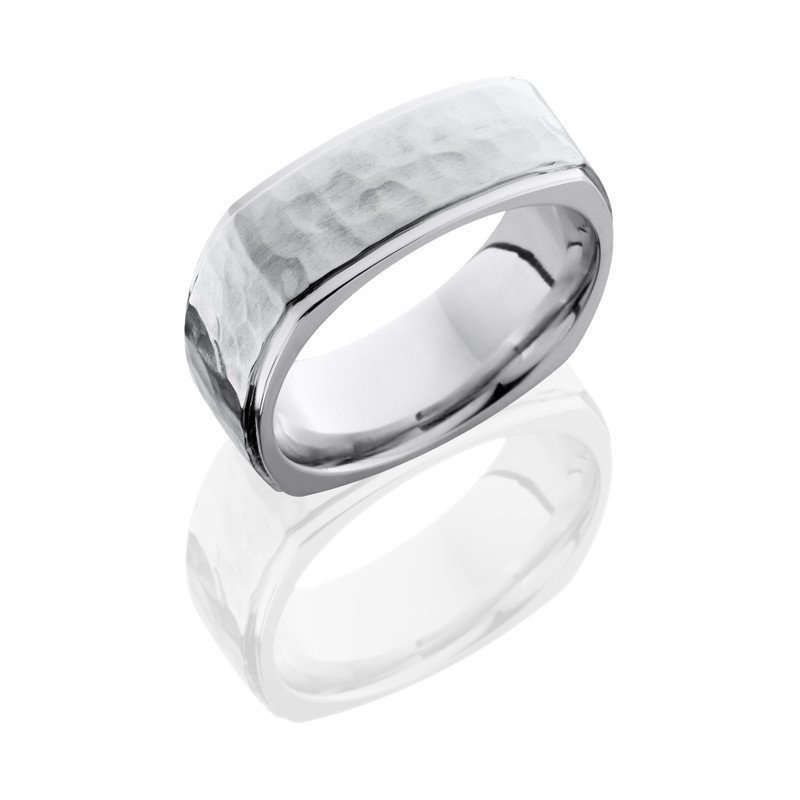 WEDDING - Cobalt Chrome 8mm Wide Hammered Square Wedding Band With Grooved Edges
