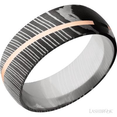 WEDDING - Damascus Steel 8mm Wide Wedding Band With 14K Rose Gold Strip