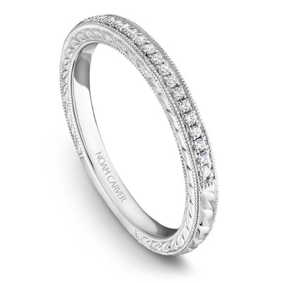 Wedding Ring - 14K White Gold .10cttw Hand Carved Paved Diamond Wedding Band #826B