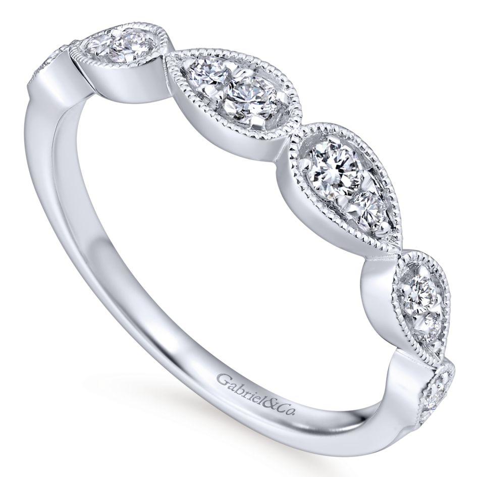 Wedding Ring - 14K White Gold .20cttw Straight Bead Set Pear Shape Station With Milgrain Detail Diamond Wedding Band