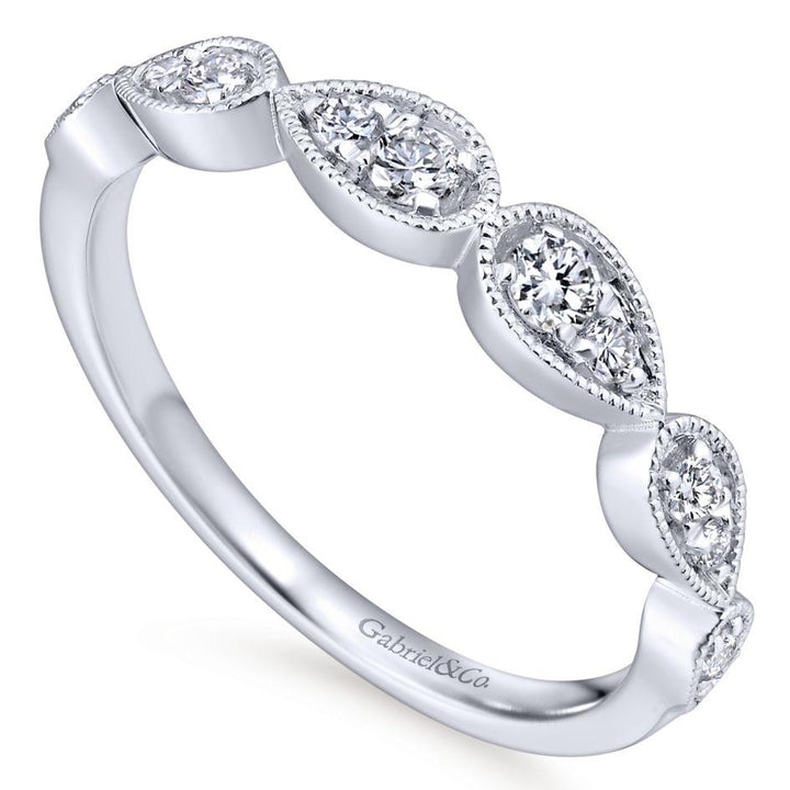Wedding Ring - 14K White Gold .20cttw Straight Bead Set Pear Shape Station With Milgrain Detail Diamond Wedding Band