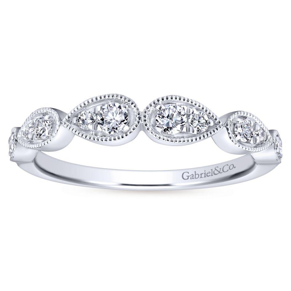 Wedding Ring - 14K White Gold .20cttw Straight Bead Set Pear Shape Station With Milgrain Detail Diamond Wedding Band