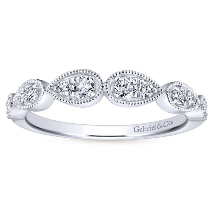 Wedding Ring - 14K White Gold .20cttw Straight Bead Set Pear Shape Station With Milgrain Detail Diamond Wedding Band